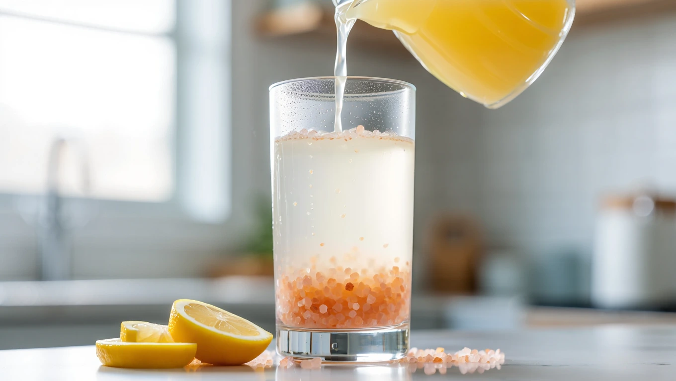 Glass of lemon water with pink Himalayan salt dissolving, fresh lemons nearby