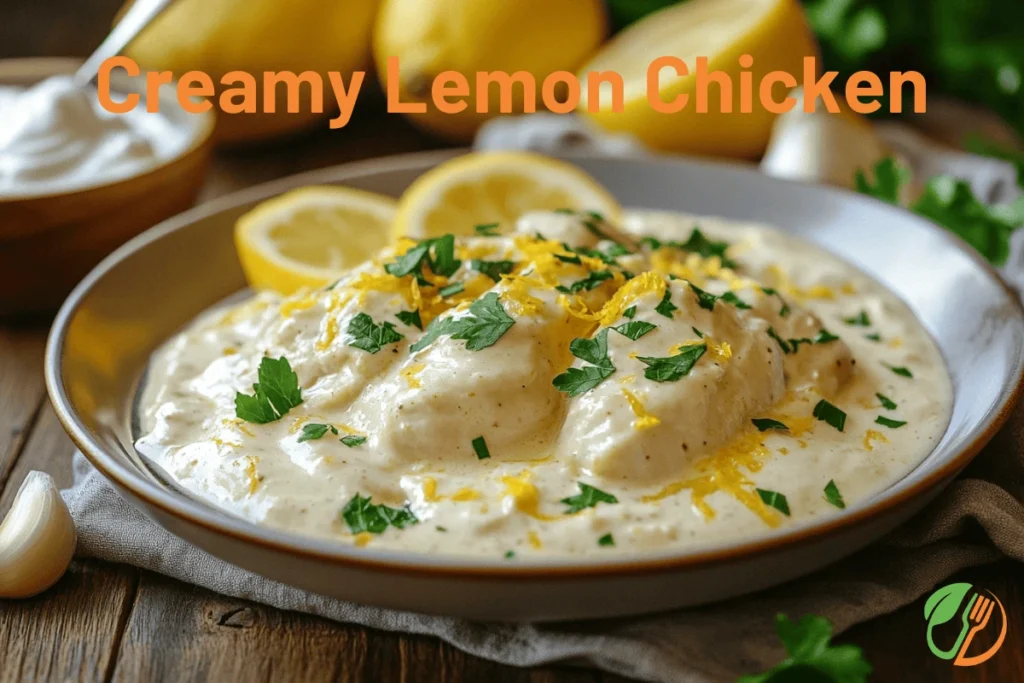 Plate of creamy lemon chicken with garlic, lemon slices, and fresh parsley in a cozy kitchen setting