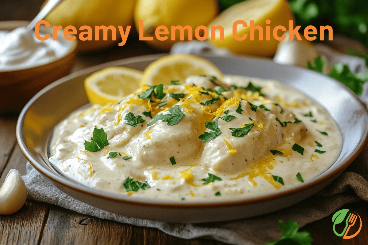 Plate of creamy lemon chicken with garlic, lemon slices, and fresh parsley in a cozy kitchen setting