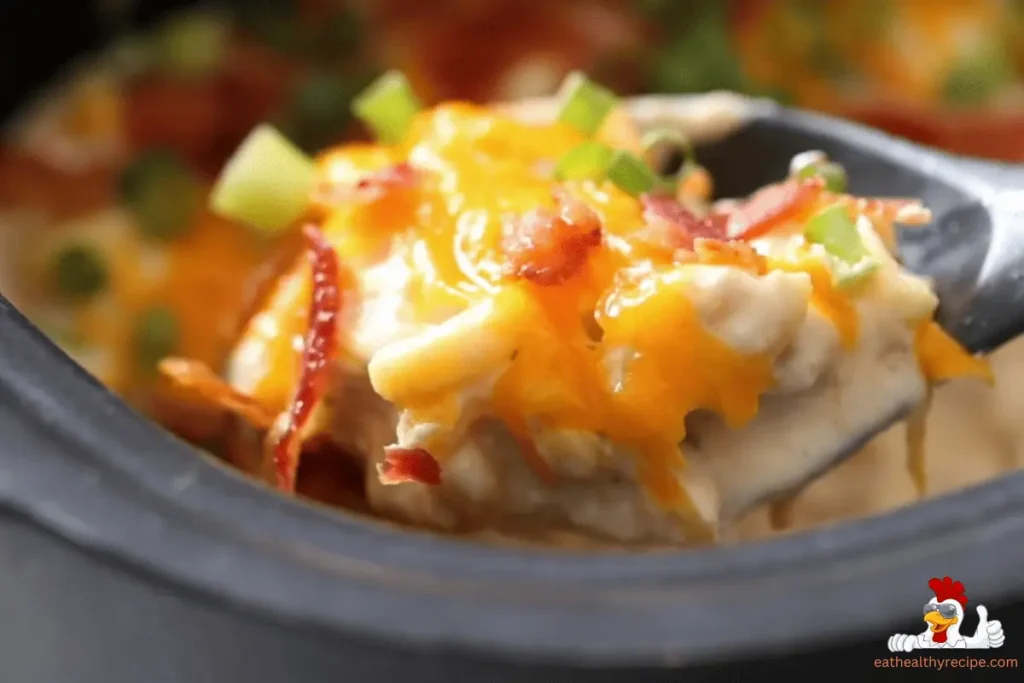 Crock Pot Crack Chicken Casserole with melted cheese, crispy bacon, and green onions in a slow cooker.