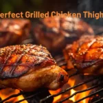 Juicy, golden-brown grilled chicken thighs sizzling on a charcoal grill with smoky flavors in a rustic backyard setting.