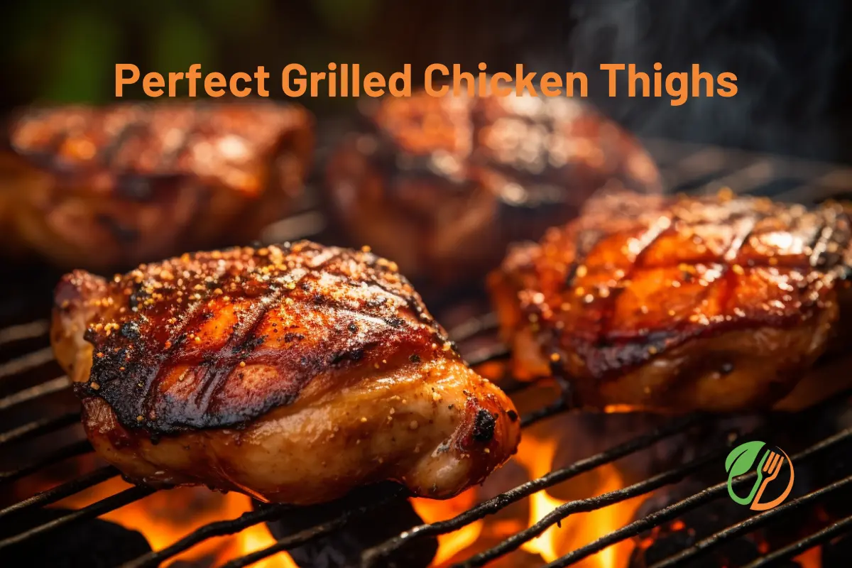 Juicy, golden-brown grilled chicken thighs sizzling on a charcoal grill with smoky flavors in a rustic backyard setting.