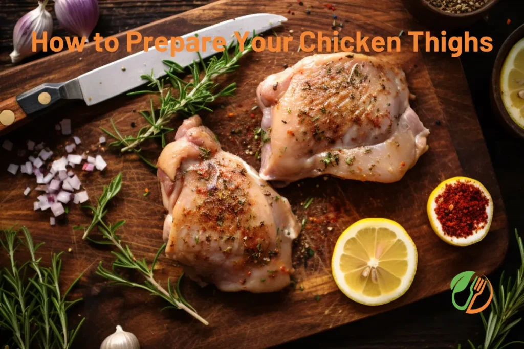 Raw chicken thighs on a wooden cutting board, seasoned with spices and fresh herbs, ready for grilling.