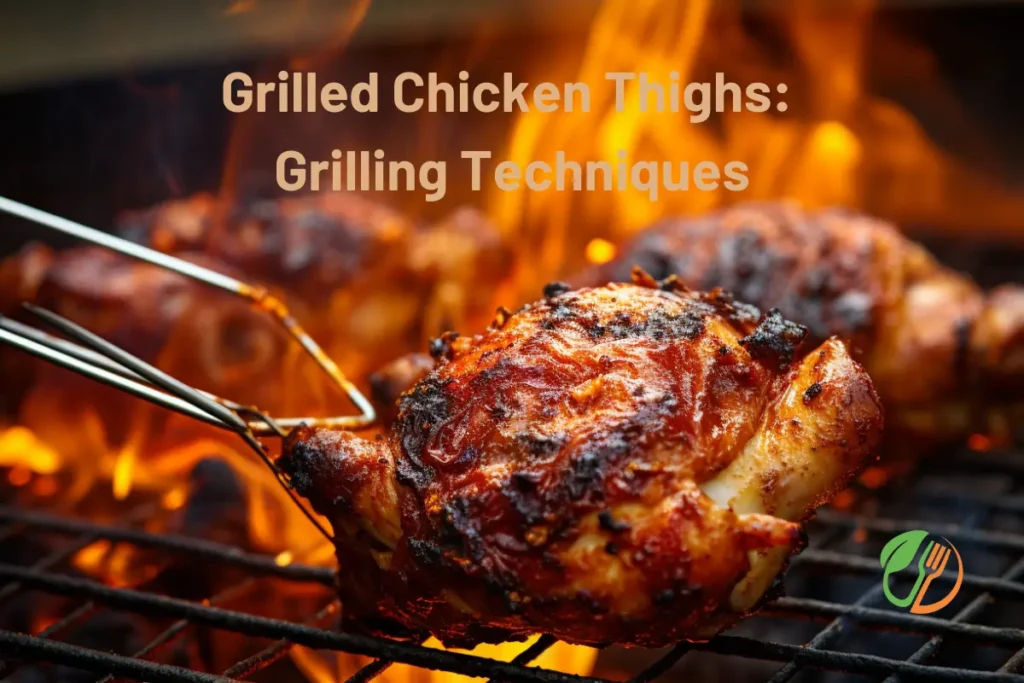 Tongs flipping a juicy grilled chicken thigh over an open flame, with a perfect char and smoky aroma.