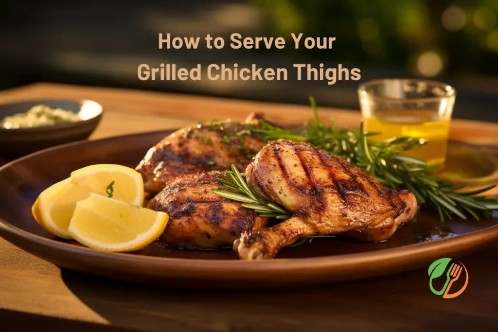 Perfectly grilled chicken thighs served on a rustic plate with grilled vegetables, fresh herbs, and a side of dipping sauce.