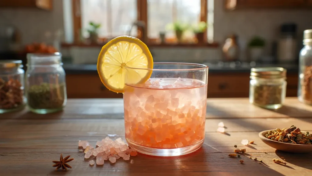 Glass of warm pink salt water recipe with lemon on rustic table in morning light