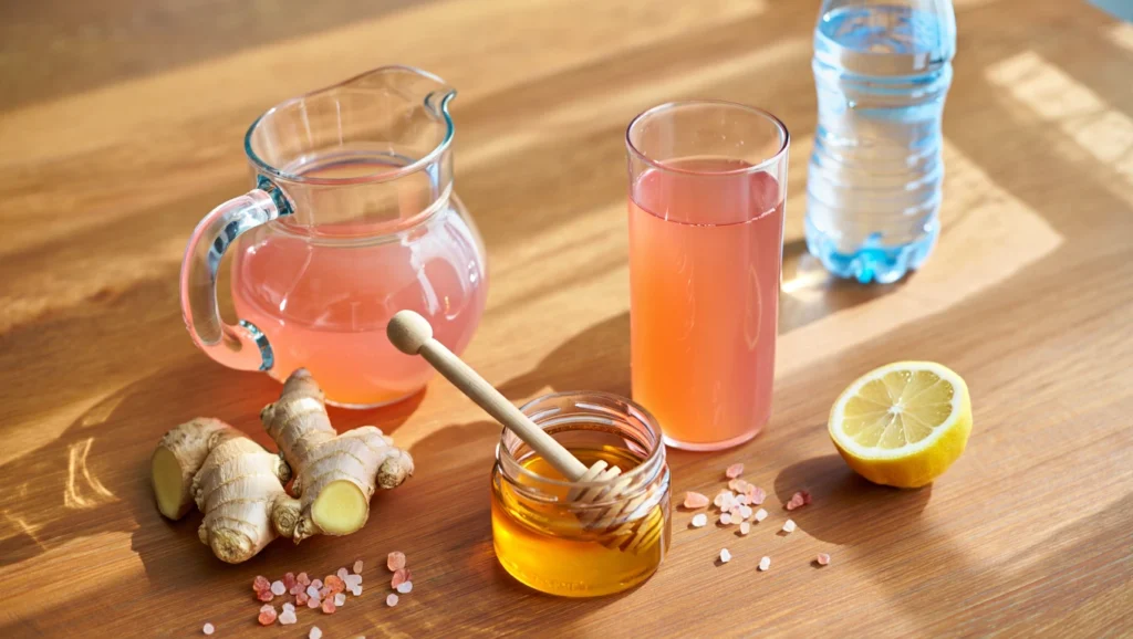 Pitcher and glass of pink salt ginger honey water with ingredients on a wooden kitchen table