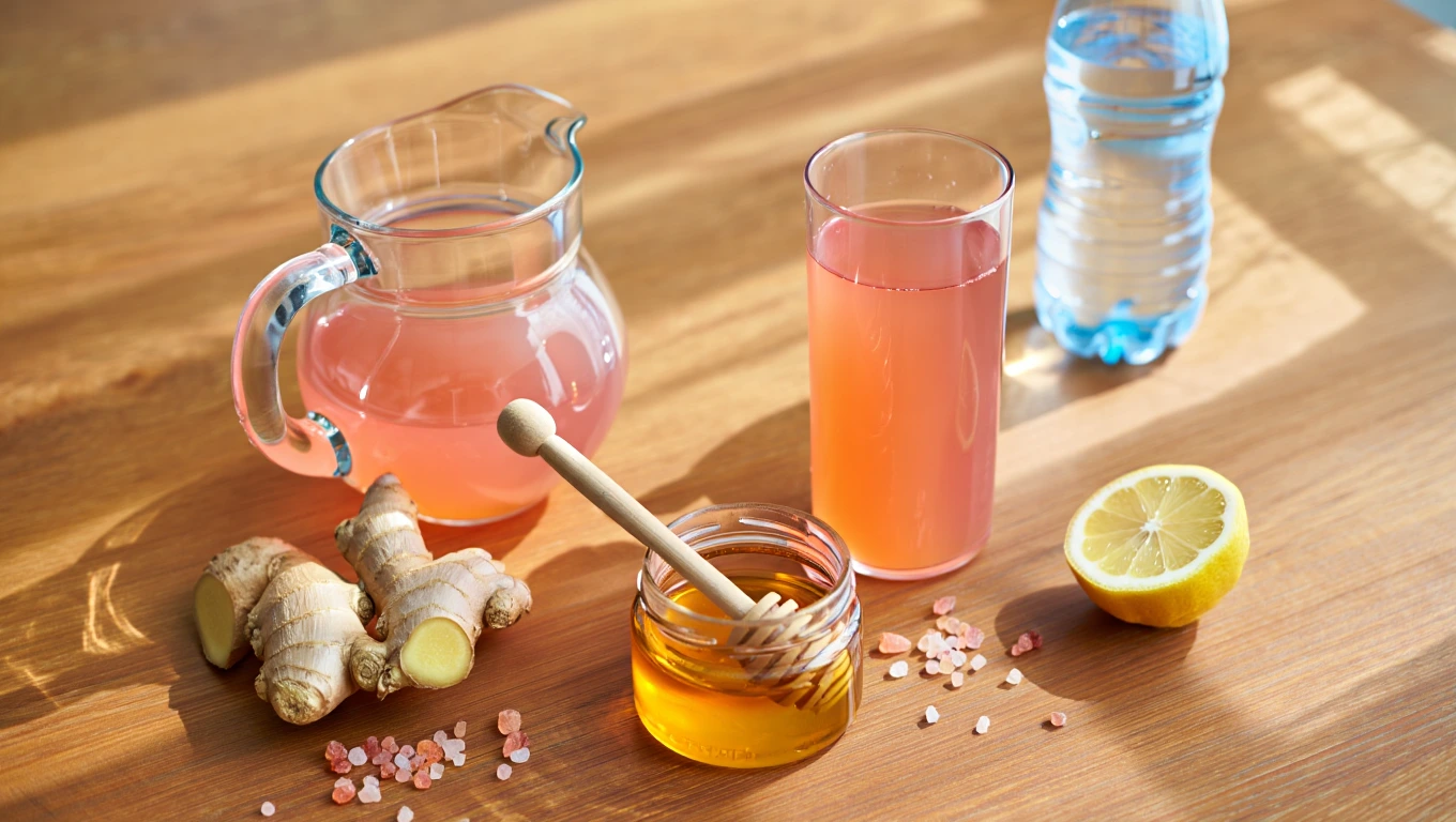 Pitcher and glass of pink salt ginger honey water with ingredients on a wooden kitchen table