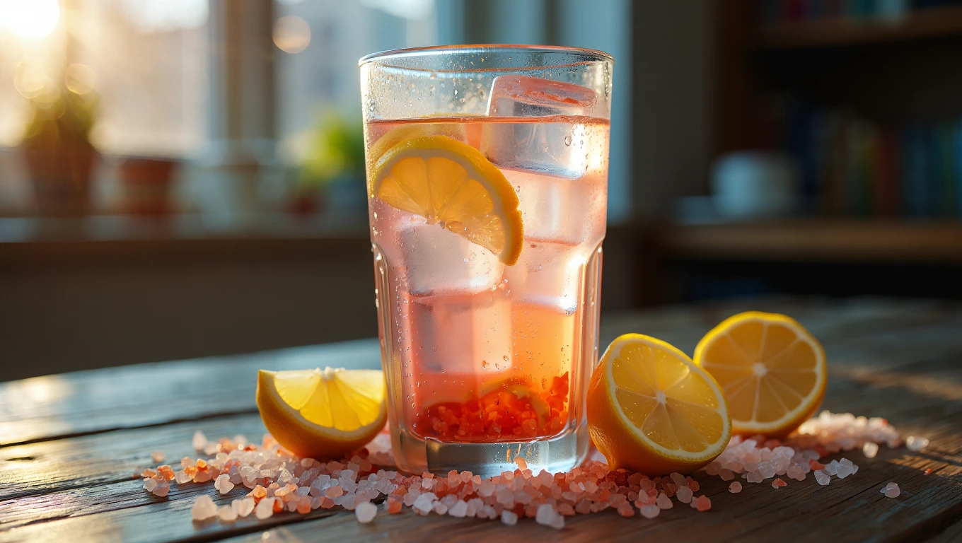 Glass of pink salt lemon water with fresh lemons and Himalayan salt crystals on rustic table